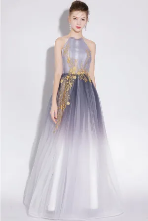 A Line Halter Tulle Long Prom Dresses With Appliques PFP1379