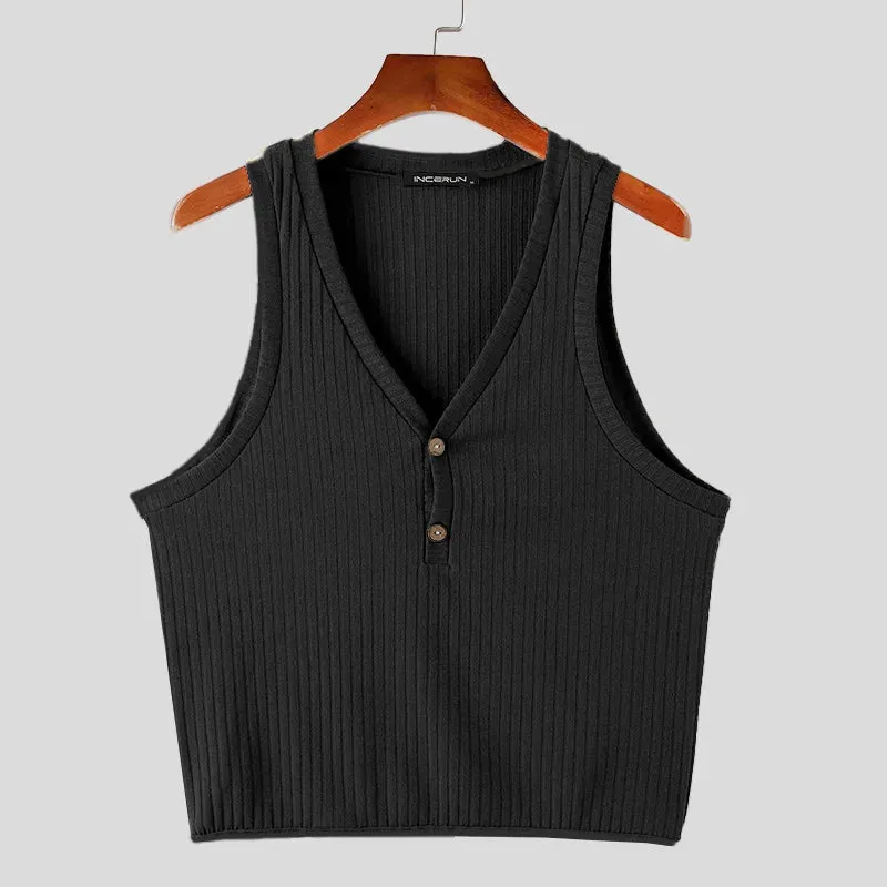 Aidase Tops Korean Style Men Summer Fashion Knitted Pit Stripe V-neck Vests Casual Simple Solid Sleeveless Tank Tops S-5XL