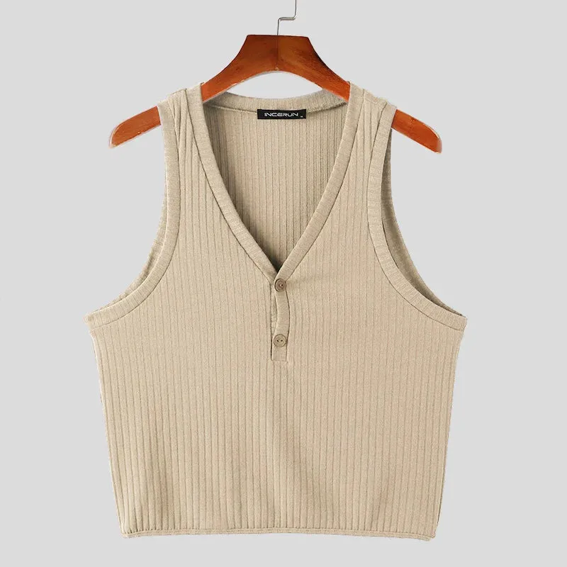 Aidase Tops Korean Style Men Summer Fashion Knitted Pit Stripe V-neck Vests Casual Simple Solid Sleeveless Tank Tops S-5XL