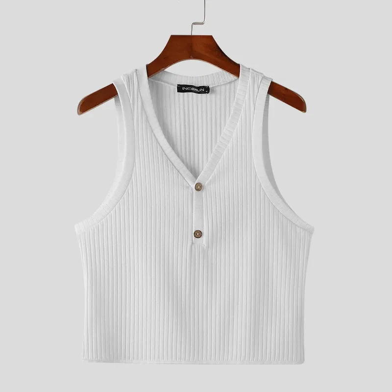 Aidase Tops Korean Style Men Summer Fashion Knitted Pit Stripe V-neck Vests Casual Simple Solid Sleeveless Tank Tops S-5XL