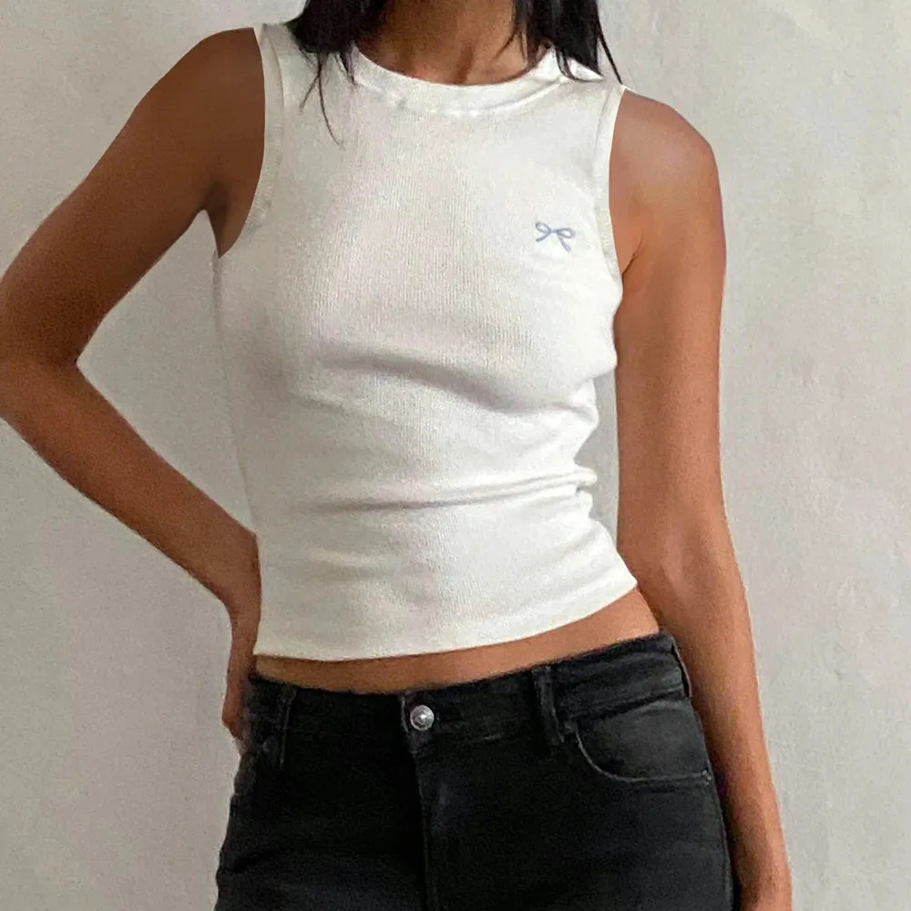 Back To School Joskaa Women's Y2K Kawaii Cute Summer Knit Grunge Tank Tops Sleeveless Crewneck Bow Embroidery Slim Fit  Aesthetic Vest Tops