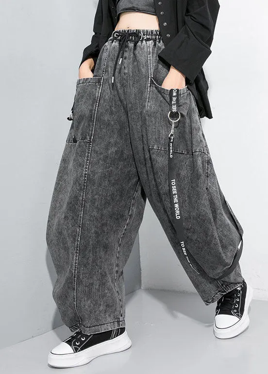 Beautiful Black Grey Cinched Patchwork denim Pants Trousers Spring
