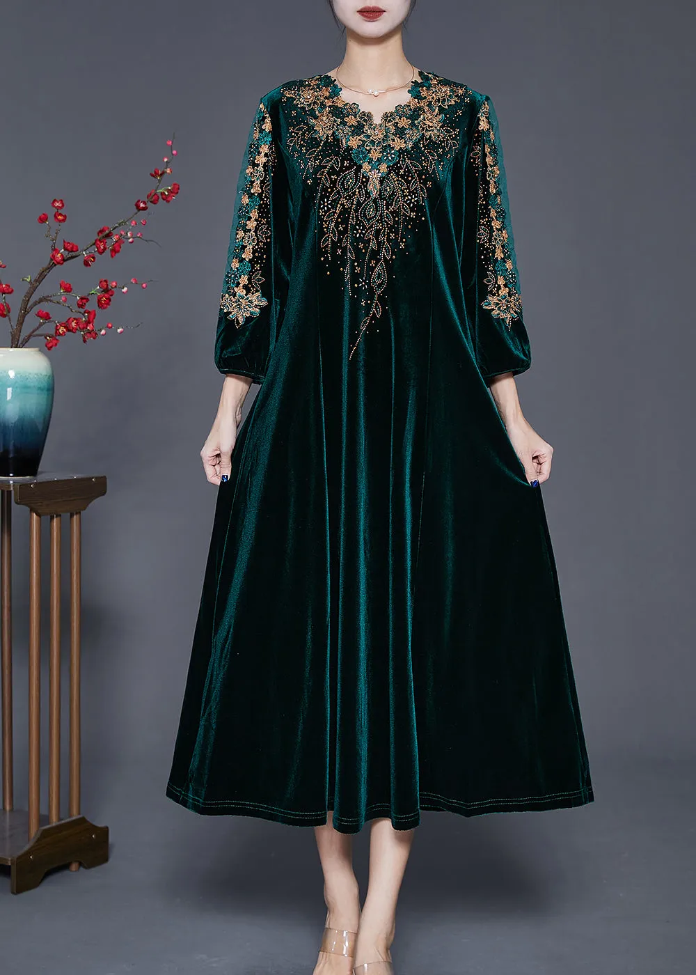 Beautiful Blackish Green V Neck Zircon Silk Velour Maxi Dresses Fall ML1812