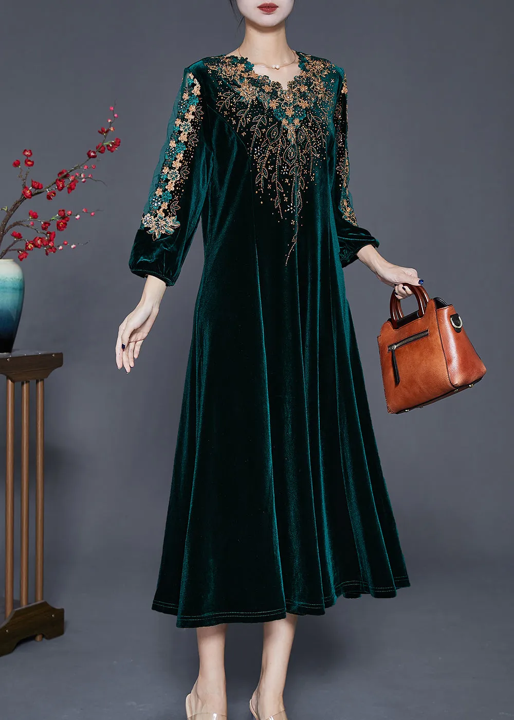 Beautiful Blackish Green V Neck Zircon Silk Velour Maxi Dresses Fall ML1812