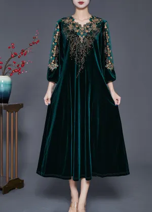 Beautiful Blackish Green V Neck Zircon Silk Velour Maxi Dresses Fall ML1812
