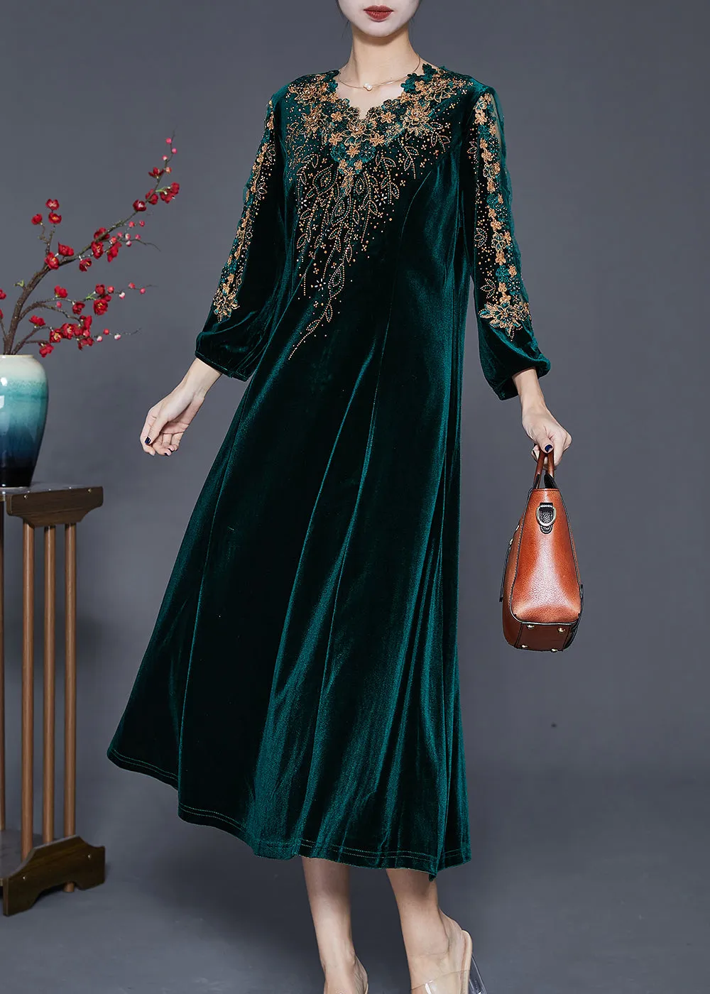 Beautiful Blackish Green V Neck Zircon Silk Velour Maxi Dresses Fall ML1812