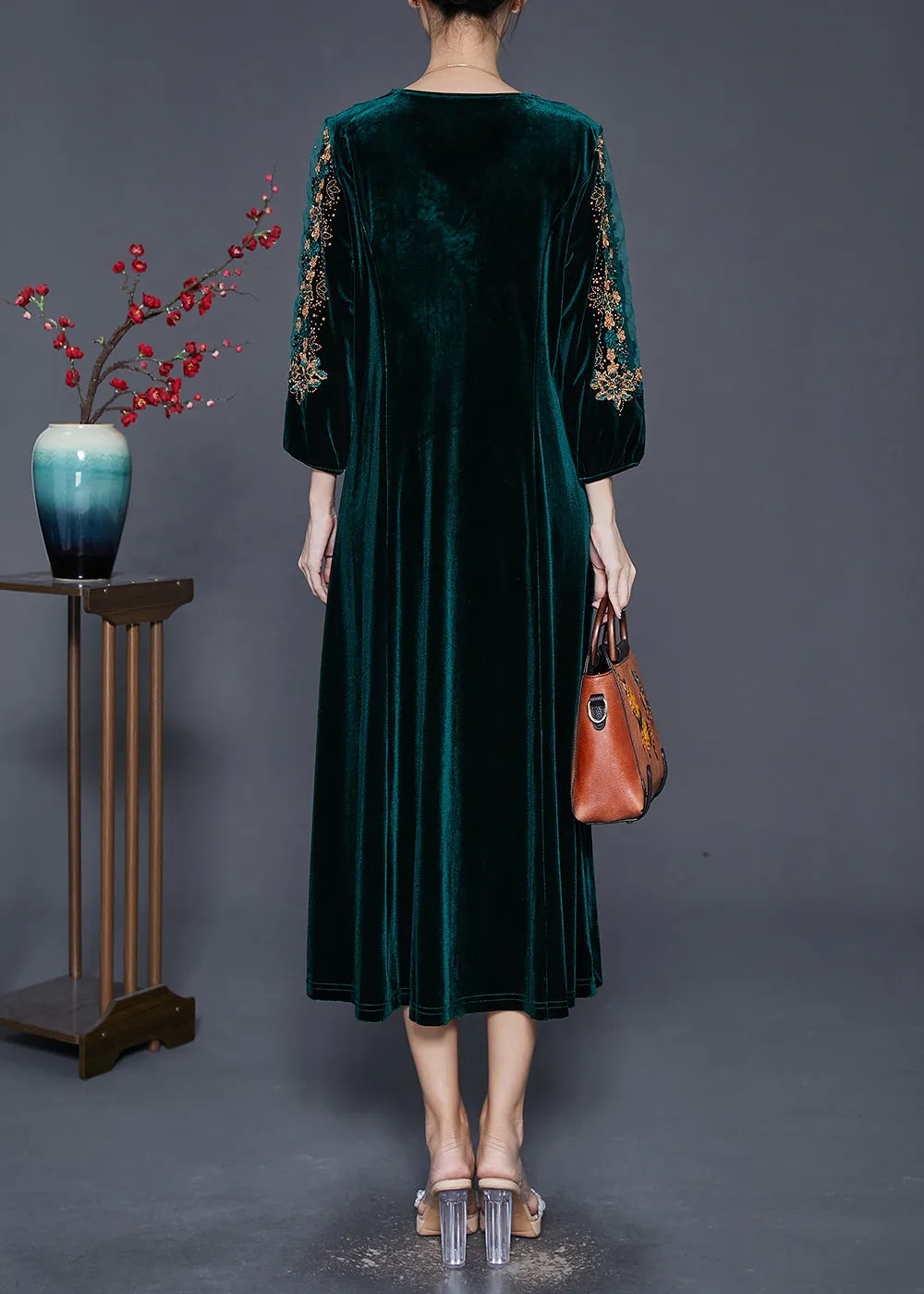 Beautiful Blackish Green V Neck Zircon Silk Velour Maxi Dresses Fall ML1812