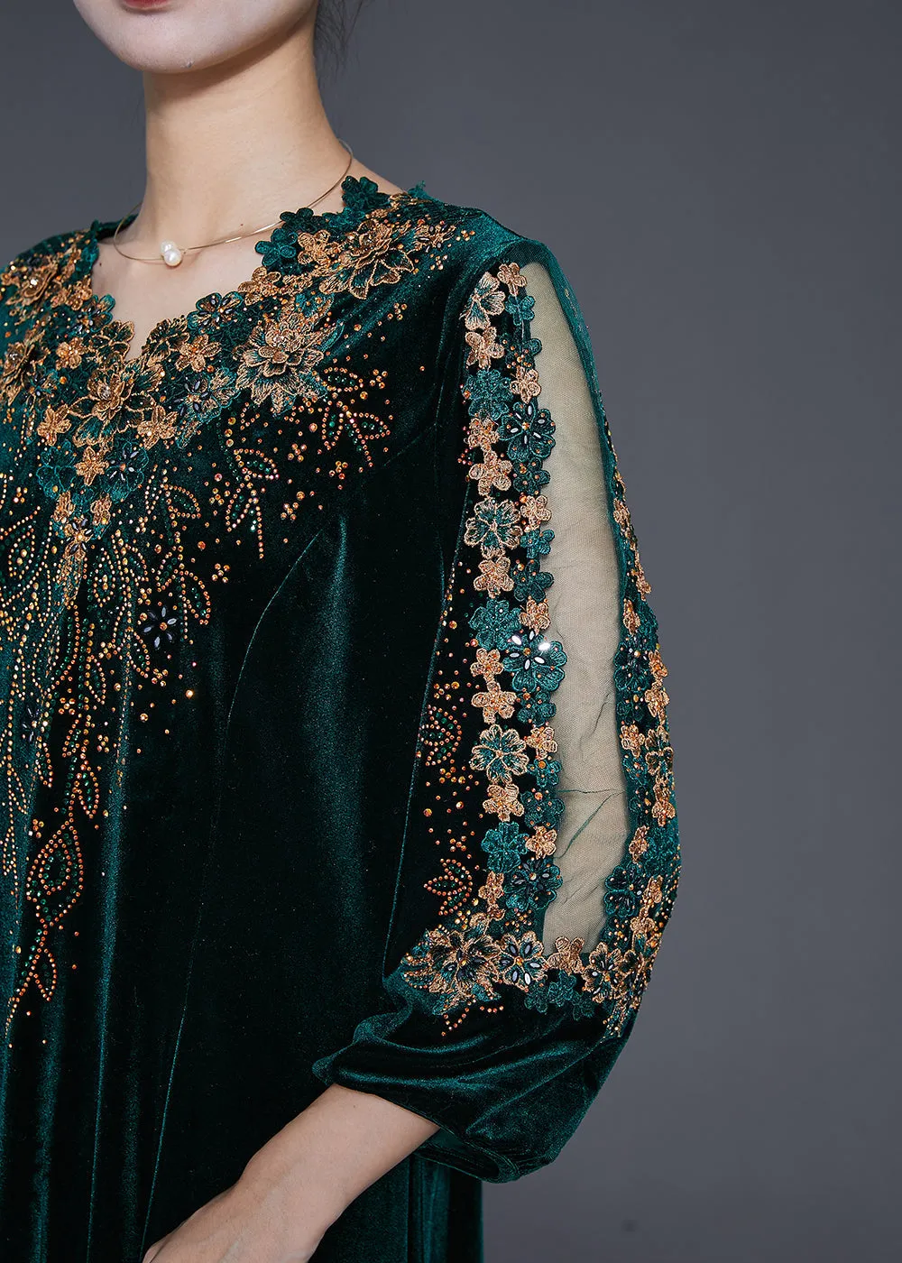 Beautiful Blackish Green V Neck Zircon Silk Velour Maxi Dresses Fall ML1812