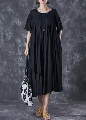Black Oversized Cotton Dresses Asymmetrical Wrinkled Flare Sleeve LY7093
