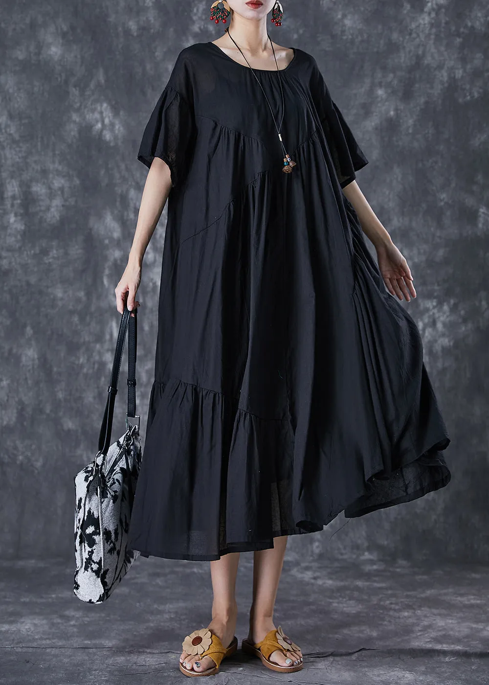 Black Oversized Cotton Dresses Asymmetrical Wrinkled Flare Sleeve LY7093