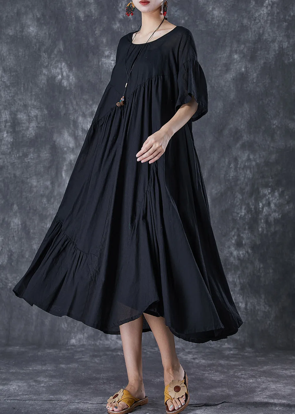 Black Oversized Cotton Dresses Asymmetrical Wrinkled Flare Sleeve LY7093