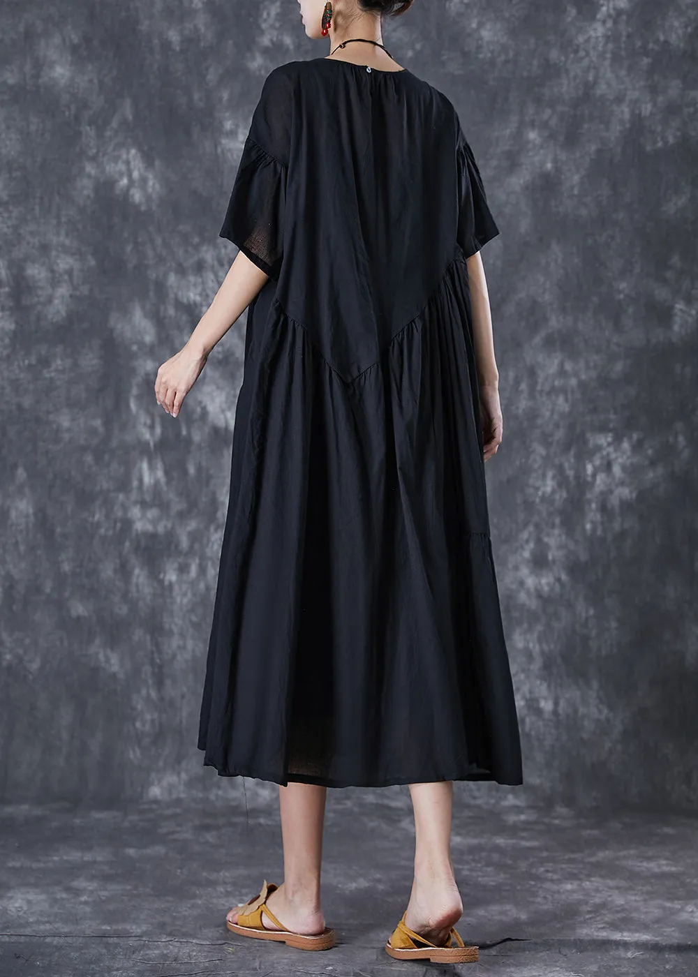 Black Oversized Cotton Dresses Asymmetrical Wrinkled Flare Sleeve LY7093