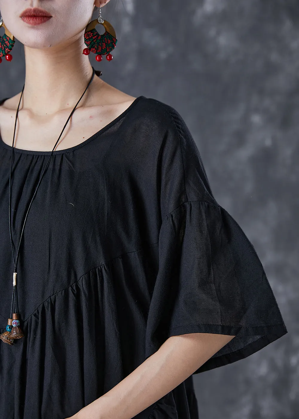 Black Oversized Cotton Dresses Asymmetrical Wrinkled Flare Sleeve LY7093
