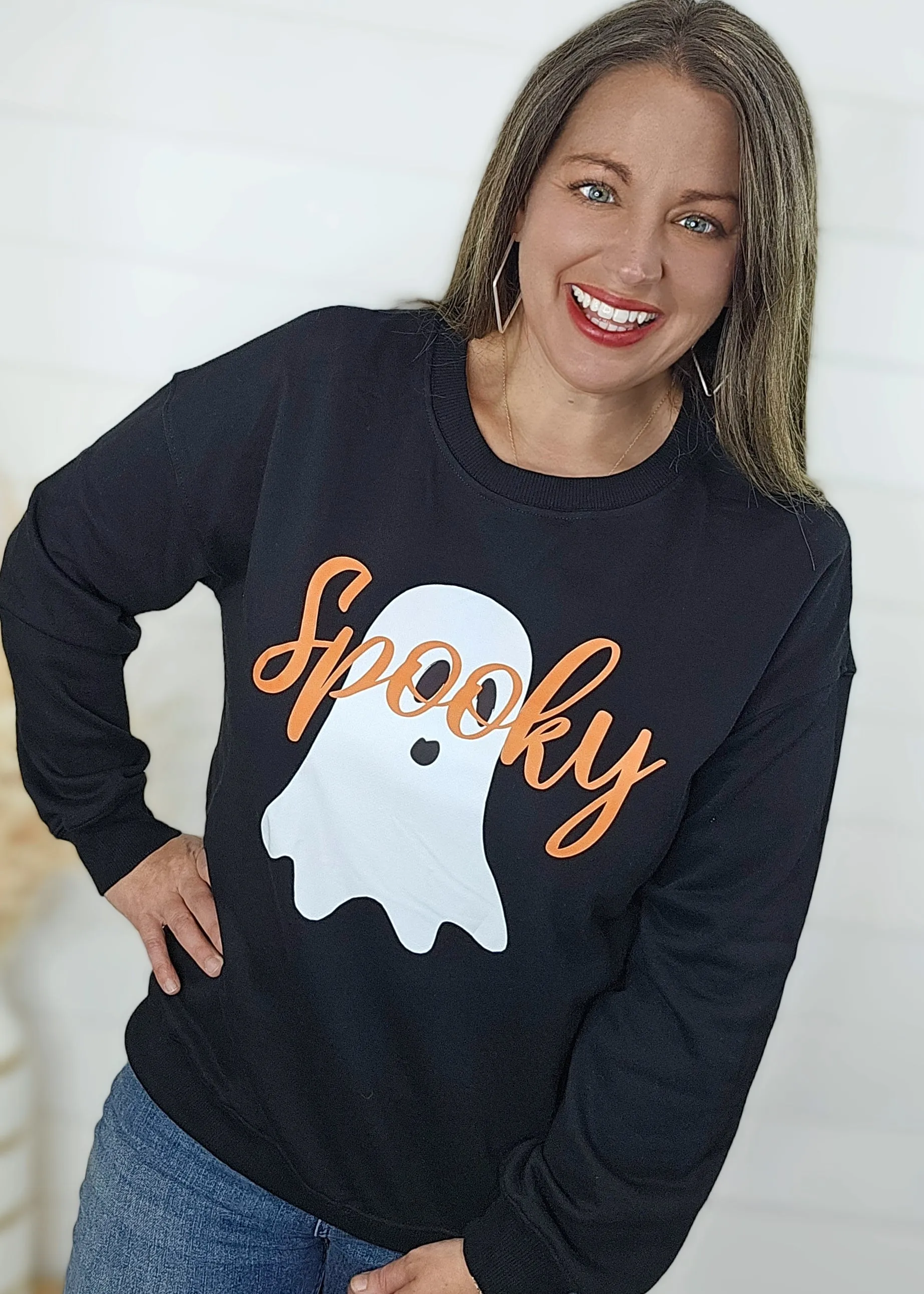 BLACK SPOOKY GHOST PRINT PULLOVER