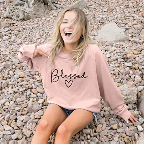 Blessed Sweatshirt for Women Letter Print Lightweight Thanksgiving Pullover Tops Blouse (Pink, Small)