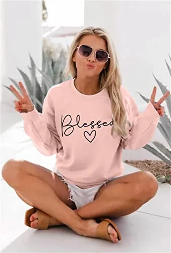 Blessed Sweatshirt for Women Letter Print Lightweight Thanksgiving Pullover Tops Blouse (Pink, Small)