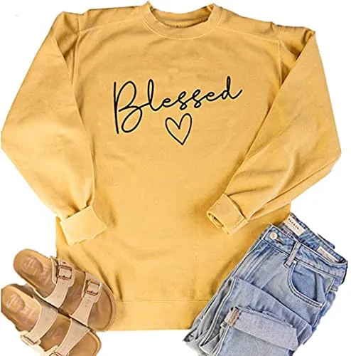 Blessed Sweatshirt for Women Letter Print Lightweight Thanksgiving Pullover Tops Blouse (Yellow, Small)