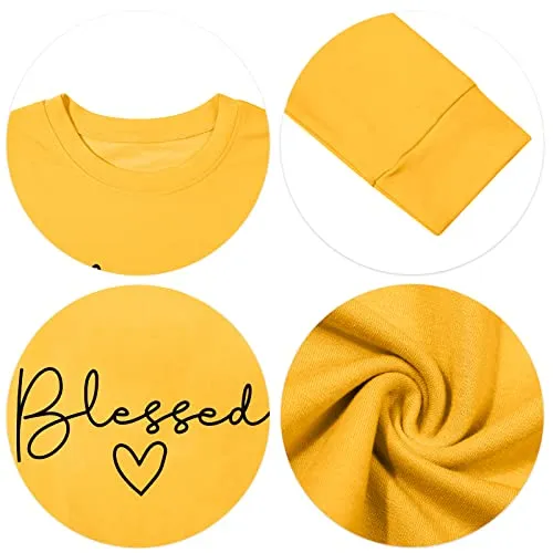 Blessed Sweatshirt for Women Letter Print Lightweight Thanksgiving Pullover Tops Blouse (Yellow, Small)