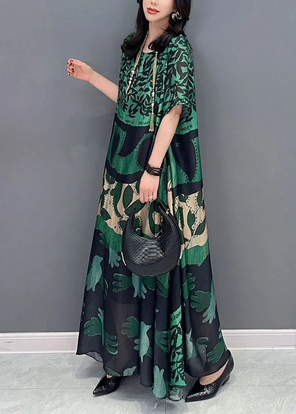 Bohemian Green O Neck Pockets Print Patchwork Silk Long Dresses Summer LY7202