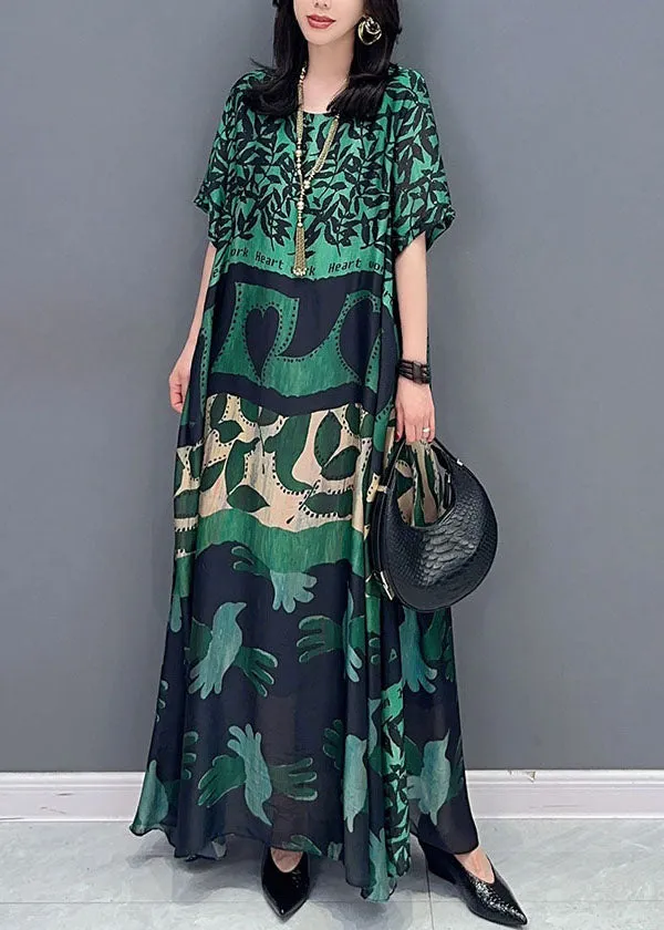 Bohemian Green O Neck Pockets Print Patchwork Silk Long Dresses Summer LY7202