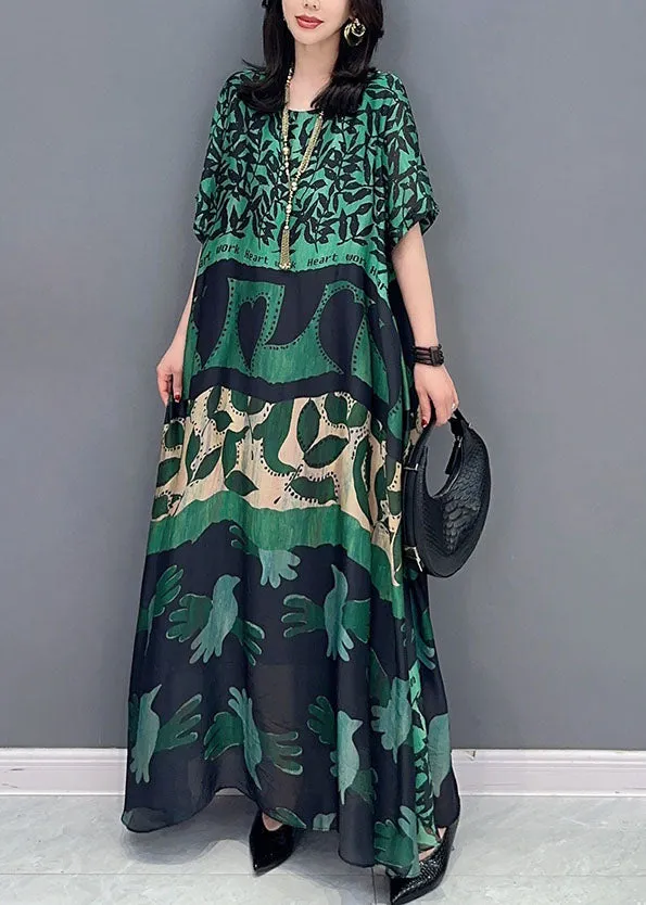 Bohemian Green O Neck Pockets Print Patchwork Silk Long Dresses Summer LY7202