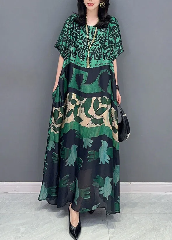 Bohemian Green O Neck Pockets Print Patchwork Silk Long Dresses Summer LY7202