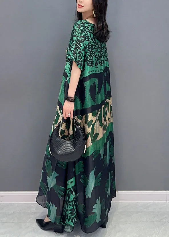 Bohemian Green O Neck Pockets Print Patchwork Silk Long Dresses Summer LY7202