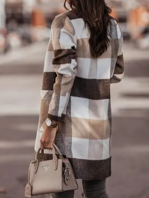 Brown and Beige Checkered Wool Blend Coat
