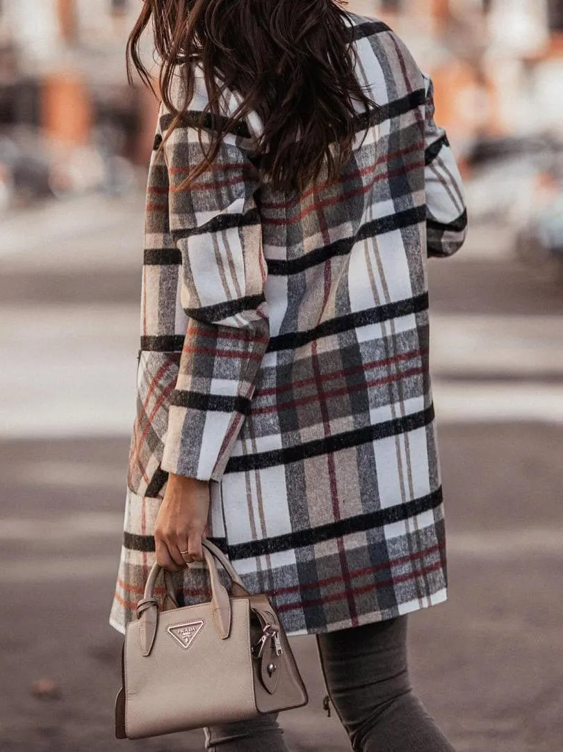 Brown and Beige Checkered Wool Blend Coat