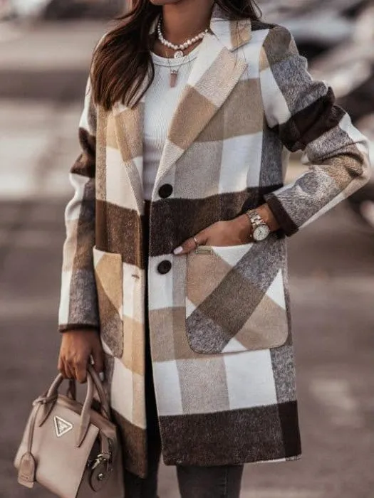 Brown and Beige Checkered Wool Blend Coat