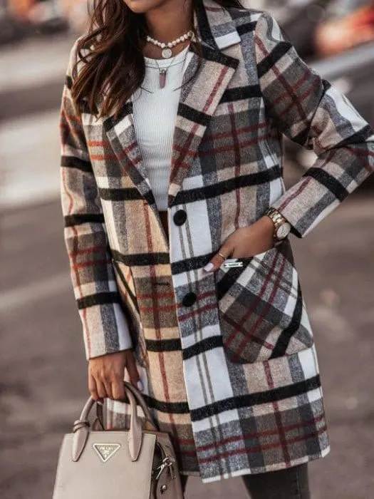 Brown and Beige Checkered Wool Blend Coat