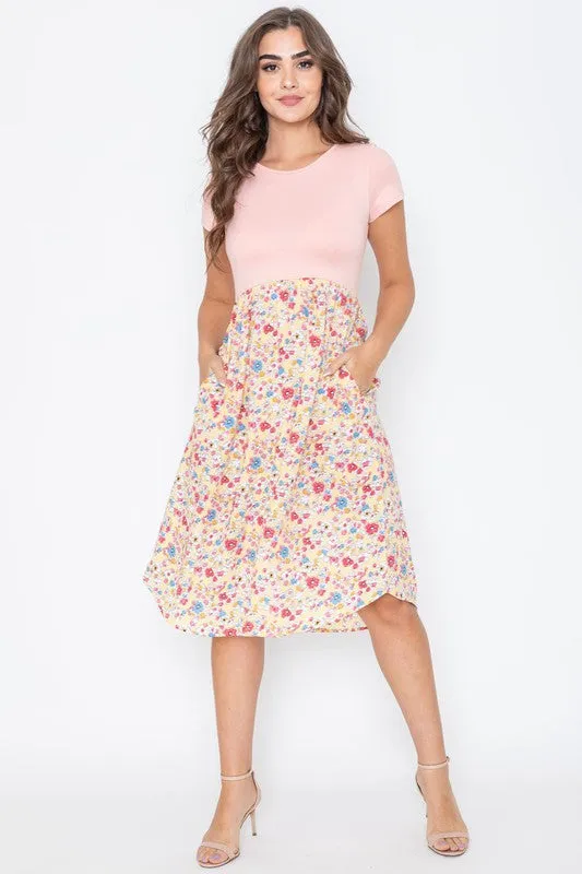 Cap Sleeve Contrast Floral Midi Dress With Pockets • More Colors
