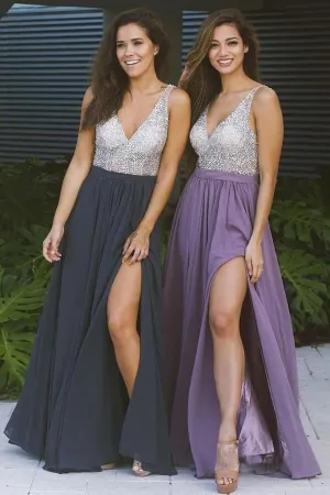 Cheap Long Prom Dresses with Side Slit V Neck Beaded Prom Dress PFP1516
