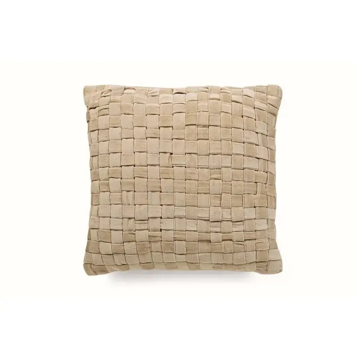 Checked Hand Woven Velvet Square Cushion- Biscotti
