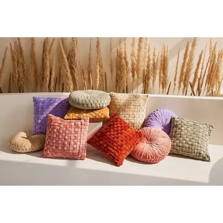 Checked Hand Woven Velvet Square Cushion- Biscotti
