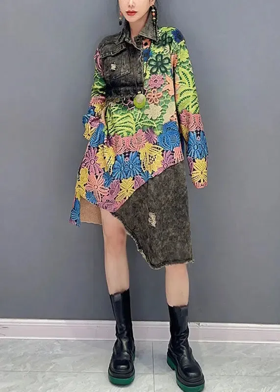 Chic Green Peter Pan Collar Asymmetrical Print Vacation Mid Dresses Long Sleeve ML3099