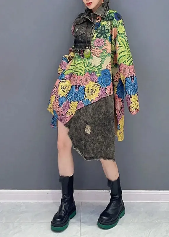 Chic Green Peter Pan Collar Asymmetrical Print Vacation Mid Dresses Long Sleeve ML3099