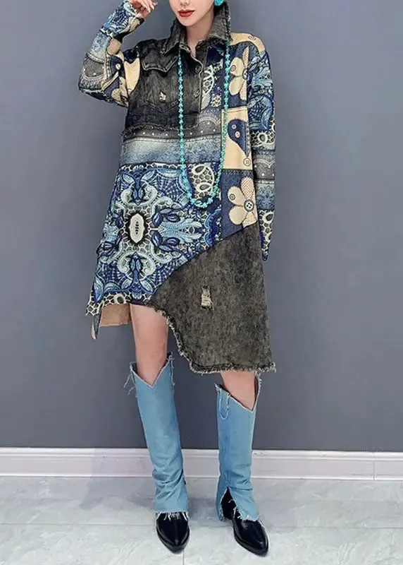 Chic Green Peter Pan Collar Asymmetrical Print Vacation Mid Dresses Long Sleeve ML3099
