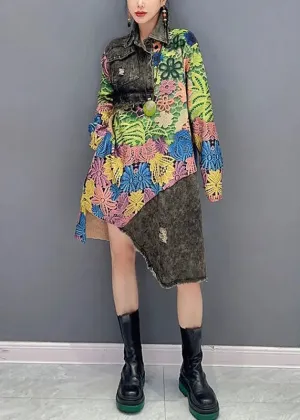 Chic Green Peter Pan Collar Asymmetrical Print Vacation Mid Dresses Long Sleeve ML3099
