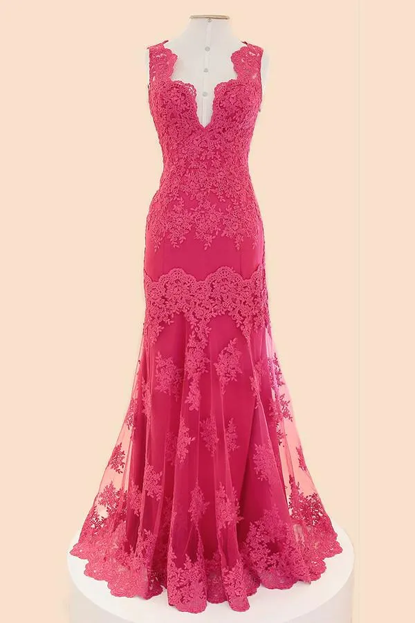Deep V-neck Fuchsia Mermaid Long Lace Prom Dresses PFP1288