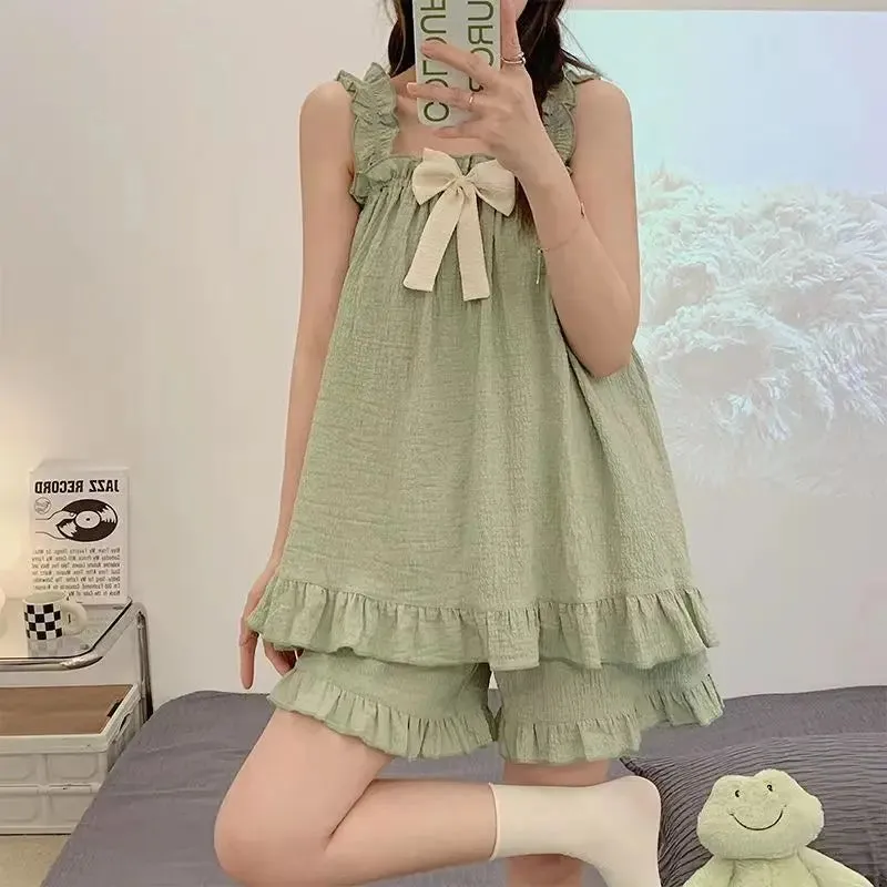 Dermearne 1 Pajama Sets Women Sleeveless Bow Summer Cool Sweet Sleepwear Princess Soft Comfortable Loungewear Tender Girlish Cozy Homewear