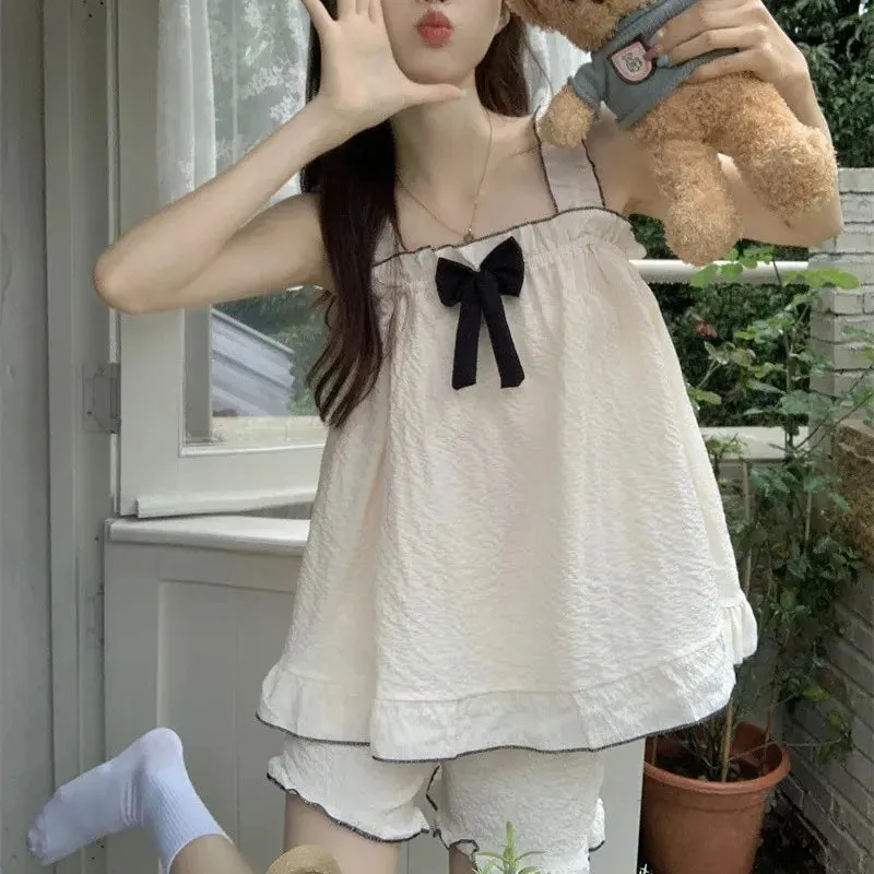 Dermearne 1 Pajama Sets Women Sleeveless Bow Summer Cool Sweet Sleepwear Princess Soft Comfortable Loungewear Tender Girlish Cozy Homewear