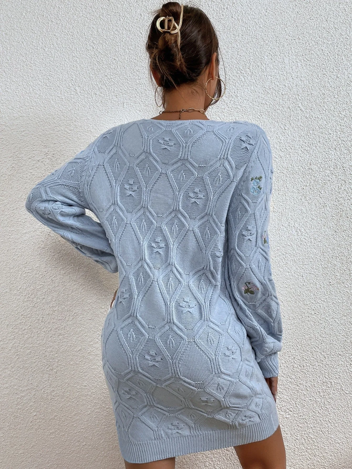 Elegant Floral Embroidery Long Sleeve V Neck Straight Natural Short Women Sweater Dress