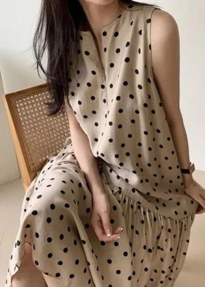 Elegant Khaki O Neck Patchwork Dot Print Cotton Dresses Summer LY2064