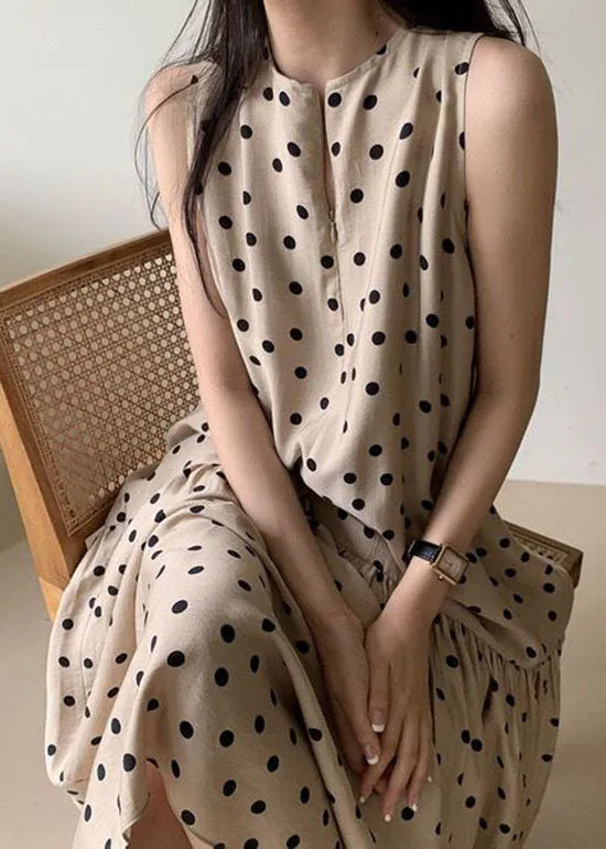 Elegant Khaki O Neck Patchwork Dot Print Cotton Dresses Summer LY2064