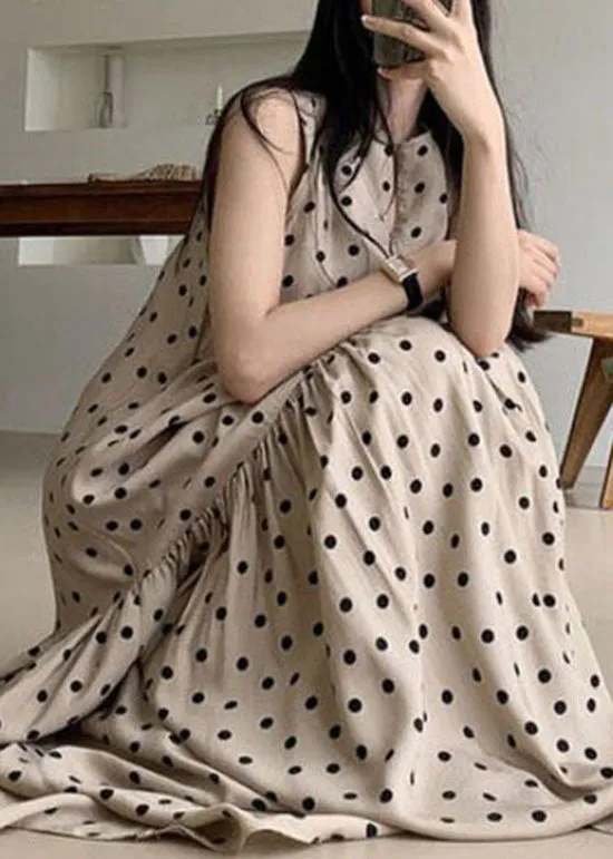 Elegant Khaki O Neck Patchwork Dot Print Cotton Dresses Summer LY2064