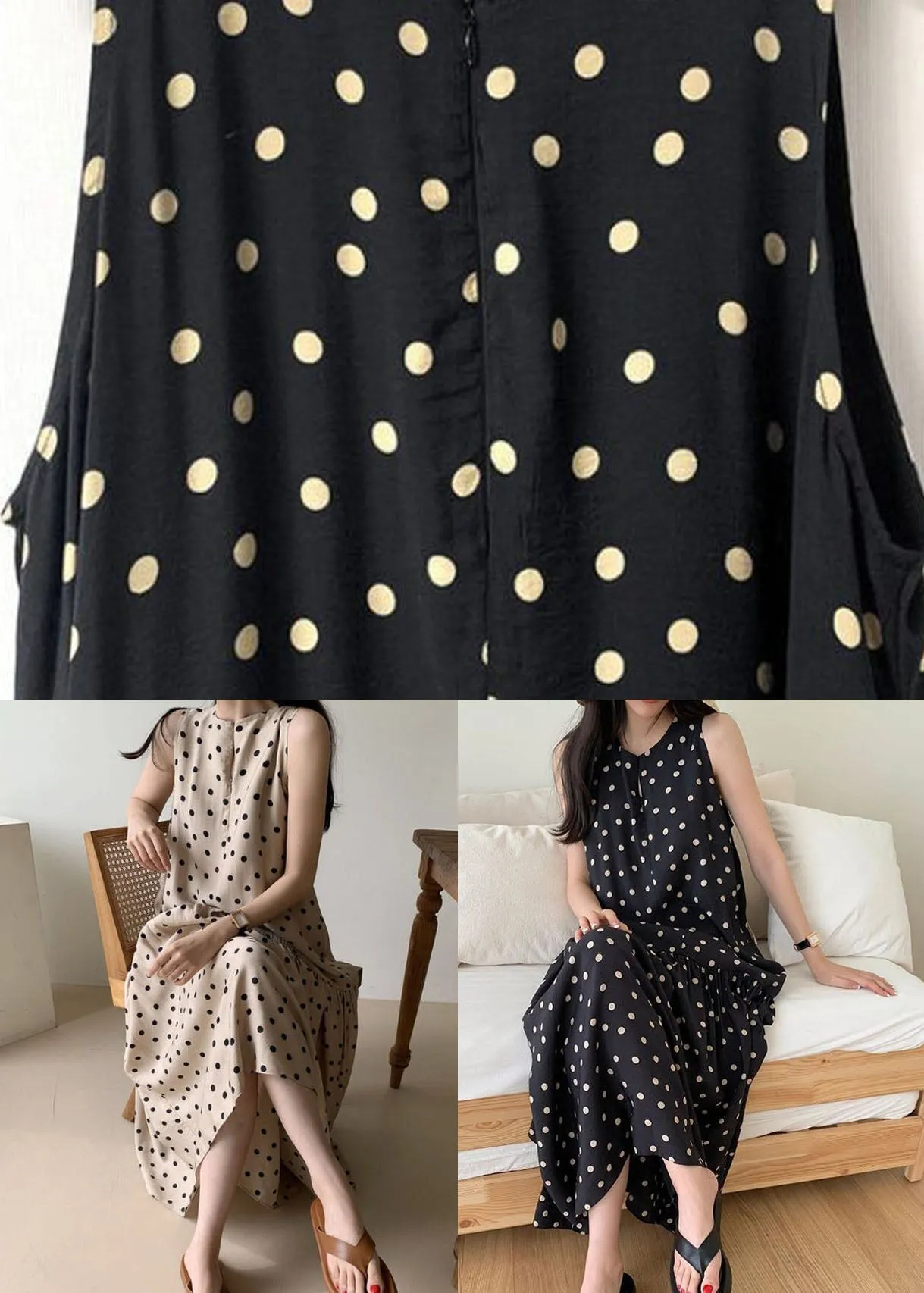 Elegant Khaki O Neck Patchwork Dot Print Cotton Dresses Summer LY2064