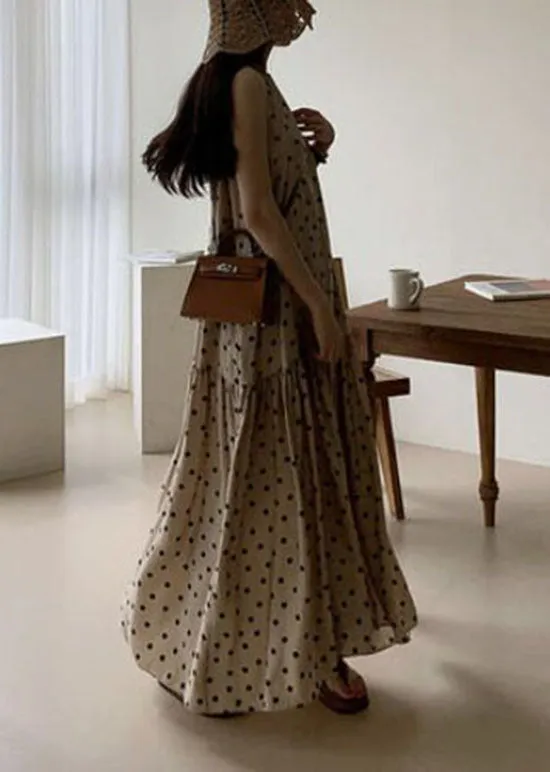 Elegant Khaki O Neck Patchwork Dot Print Cotton Dresses Summer LY2064