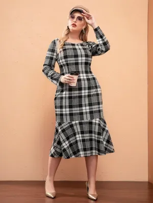 Elegant Plaid Ruffle Hem Long Sleeve Round Neck Mermaid Natural Long Plus Size Dress