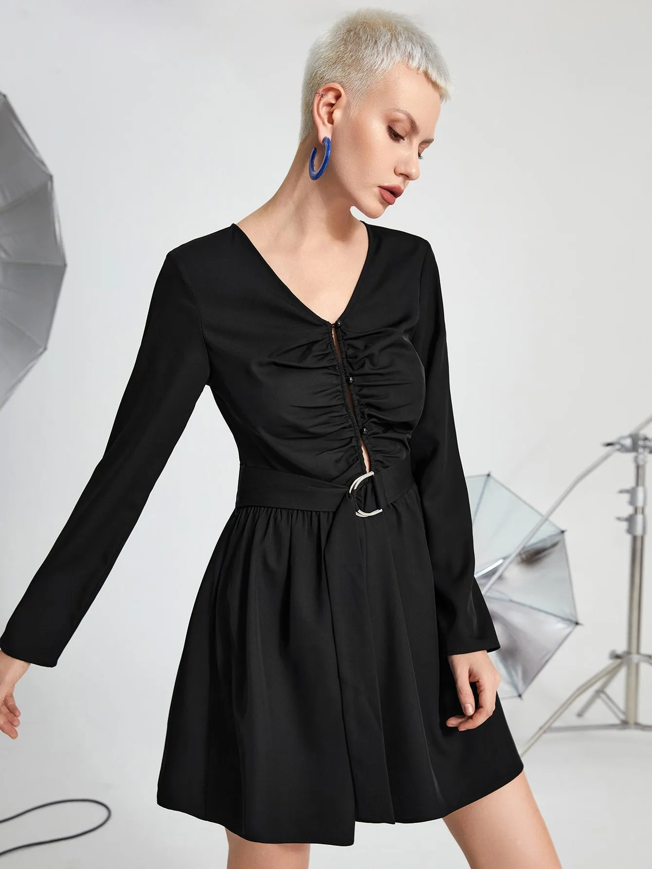 Elegant Plain Button Front Long Sleeve V Neck Flared High Waist Short Dress